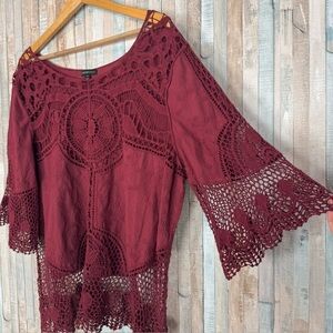 Lane Bryant 20 Crochet Lace Scalloped Embroidered Top Blouse Red Boho Hippie
